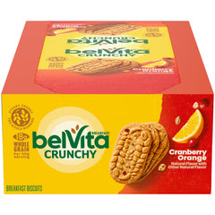 Belvita Cranberry Orange breakfast biscuits box showing convenient on-the-go packaging.