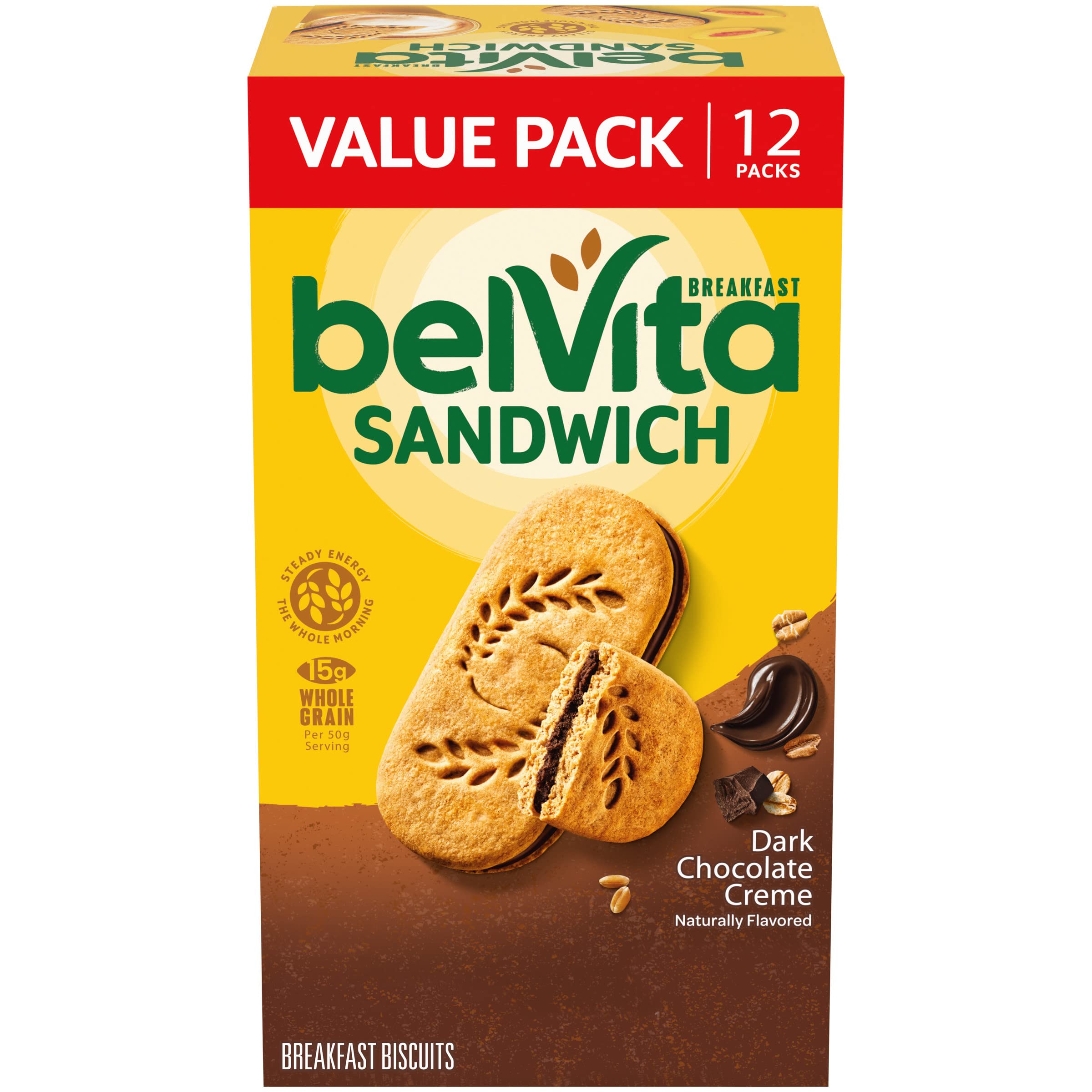 Belvita dark chocolate creme biscuits on a plate for a satisfying morning bite.