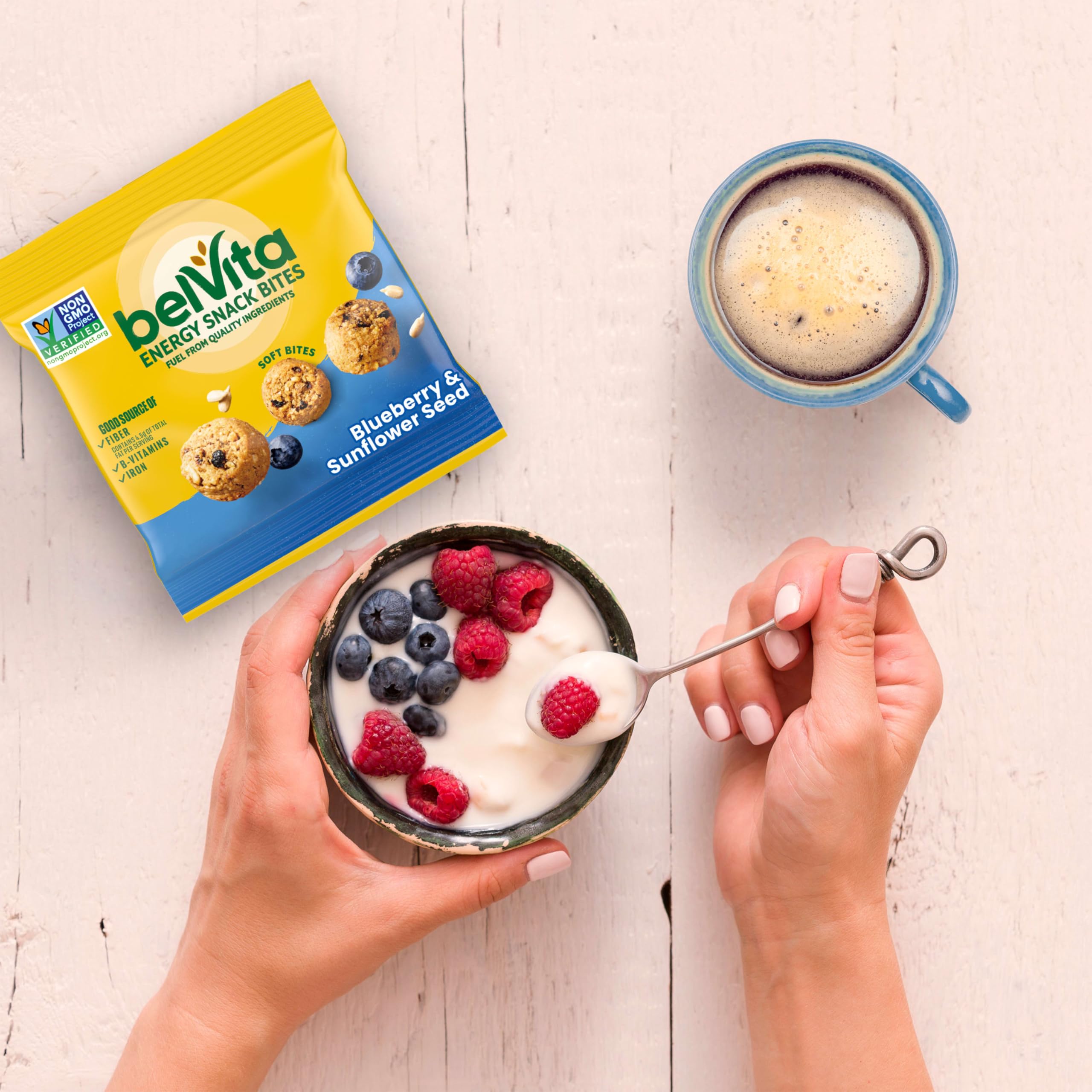 Belvita snack bites at a desk, ideal for an office snack break.
