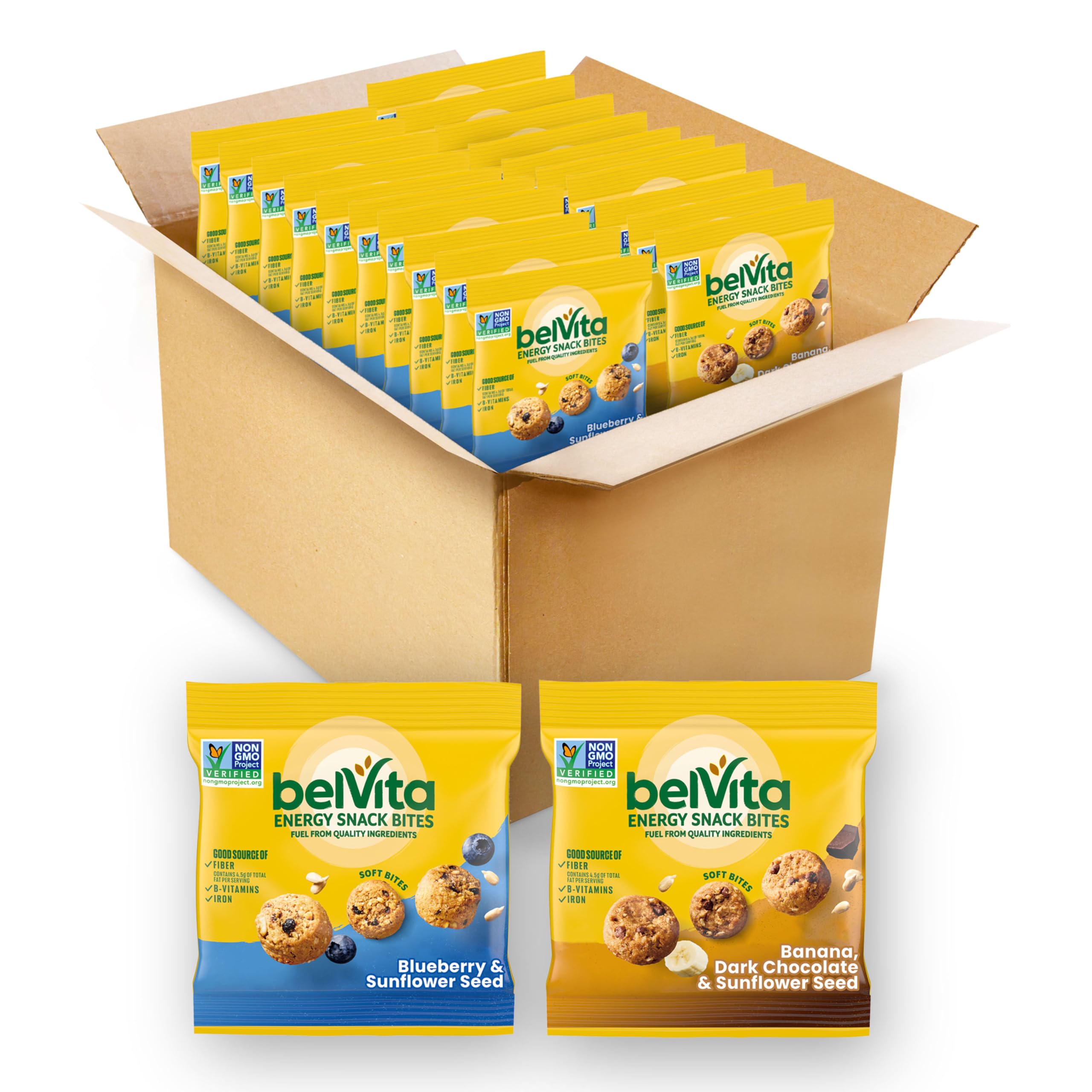 Belvita Energy Snack Bites Variety Pack packaging showcases two flavors for on-the-go snacking.