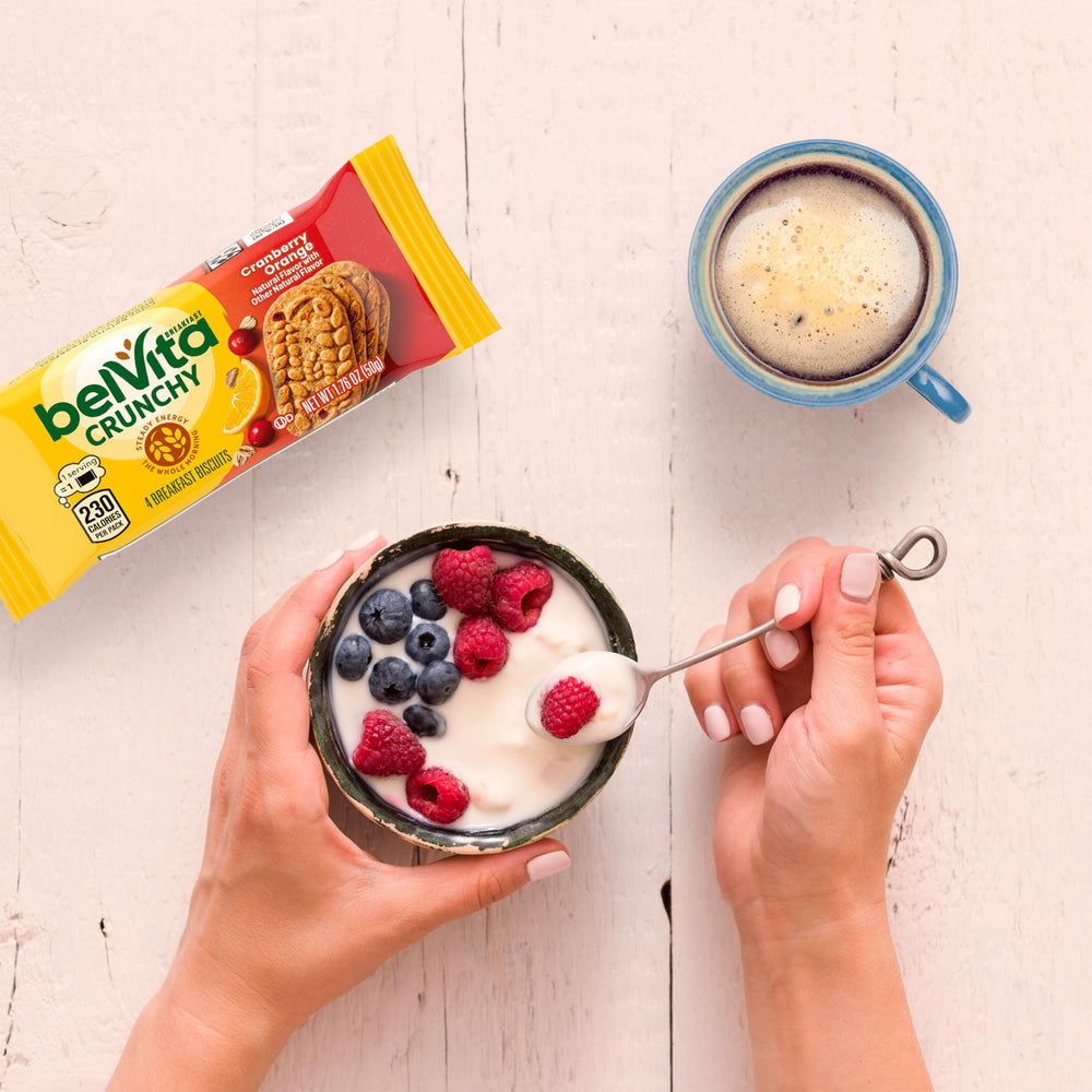 Belvita packaging highlights no artificial colors, flavors, or sweeteners.