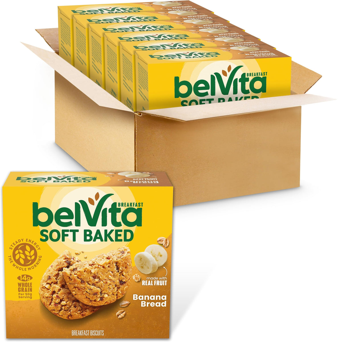 Belvita soft baked banana bread bar close-up, ideal for a quick morning energy boost.