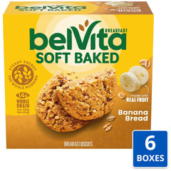 Belvita soft baked banana bread close-up, real fruit visible in every bite.