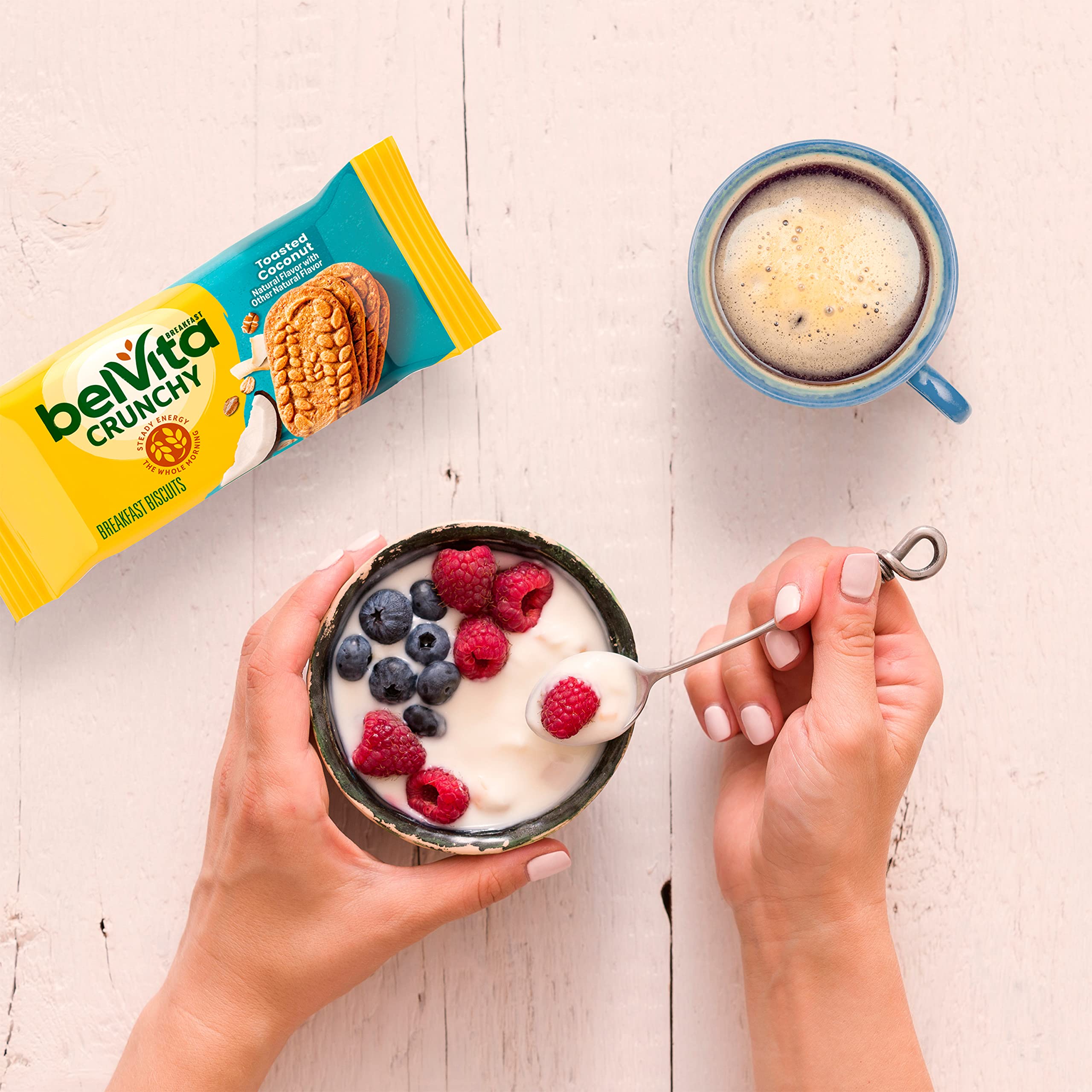 Belvita Toasted Coconut biscuits in a travel bag for on-the-go.