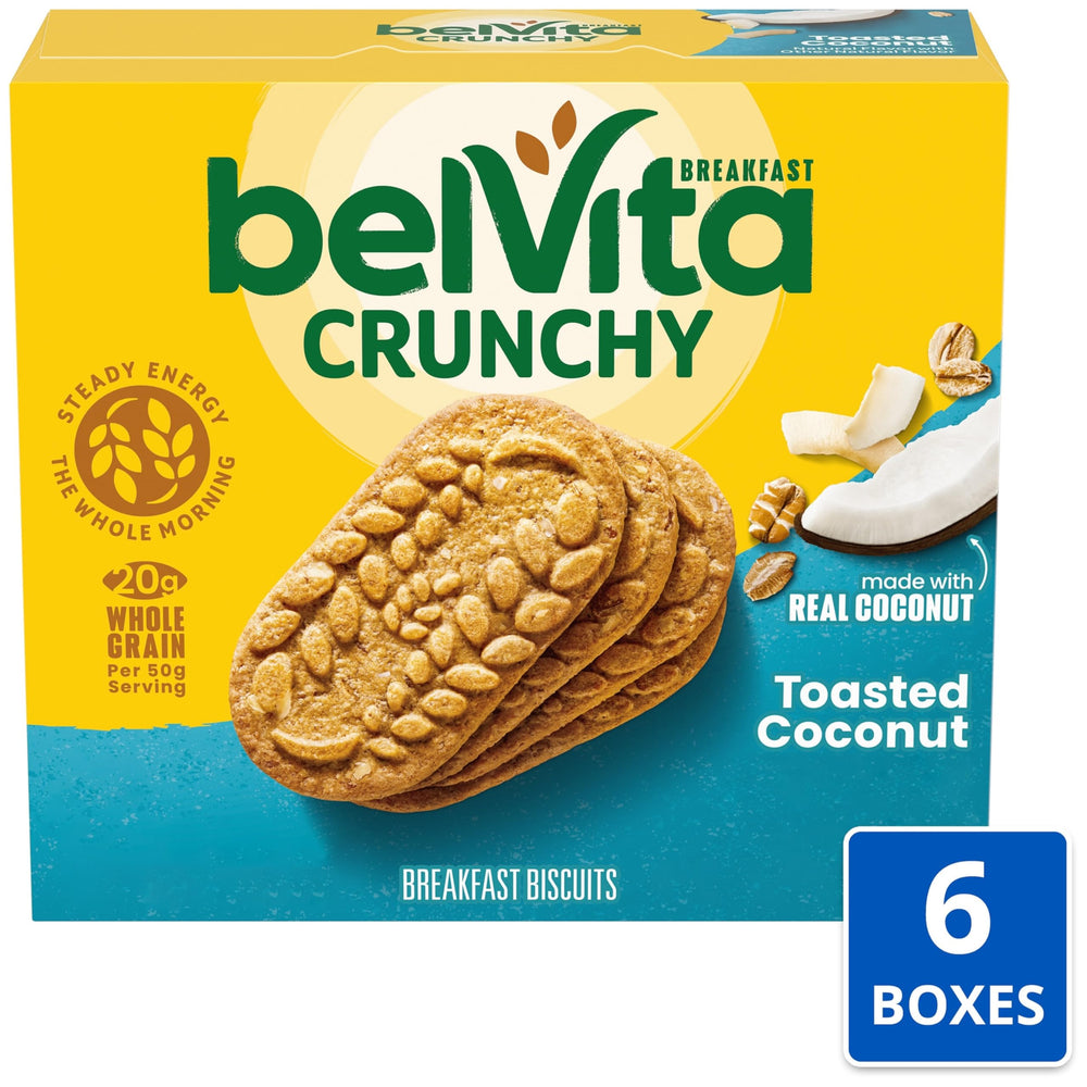 Belvita Toasted Coconut biscuits in a vending display for easy snacking.
