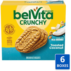 Belvita Toasted Coconut biscuits in a vending display for easy snacking.