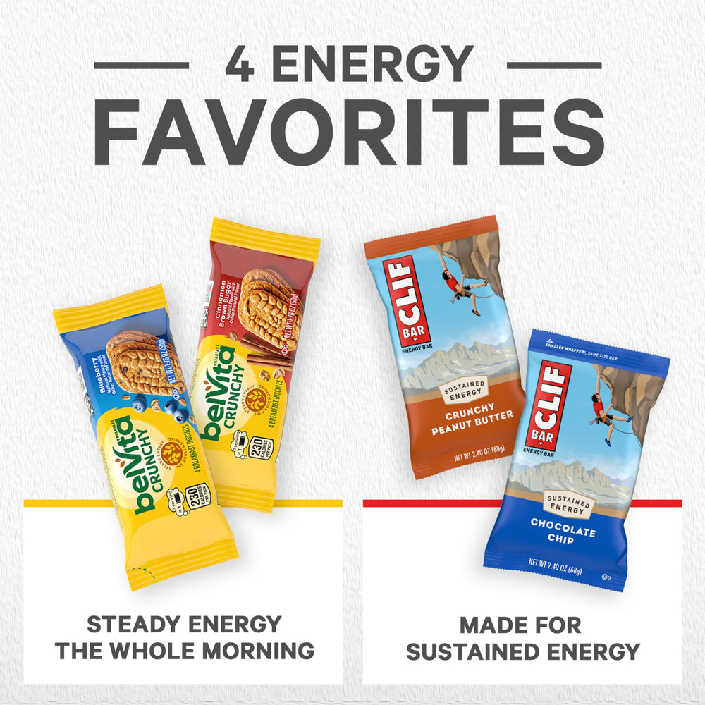 Belvita variety-pack snacks box featuring a mix of CLIF bars and belVita biscuits