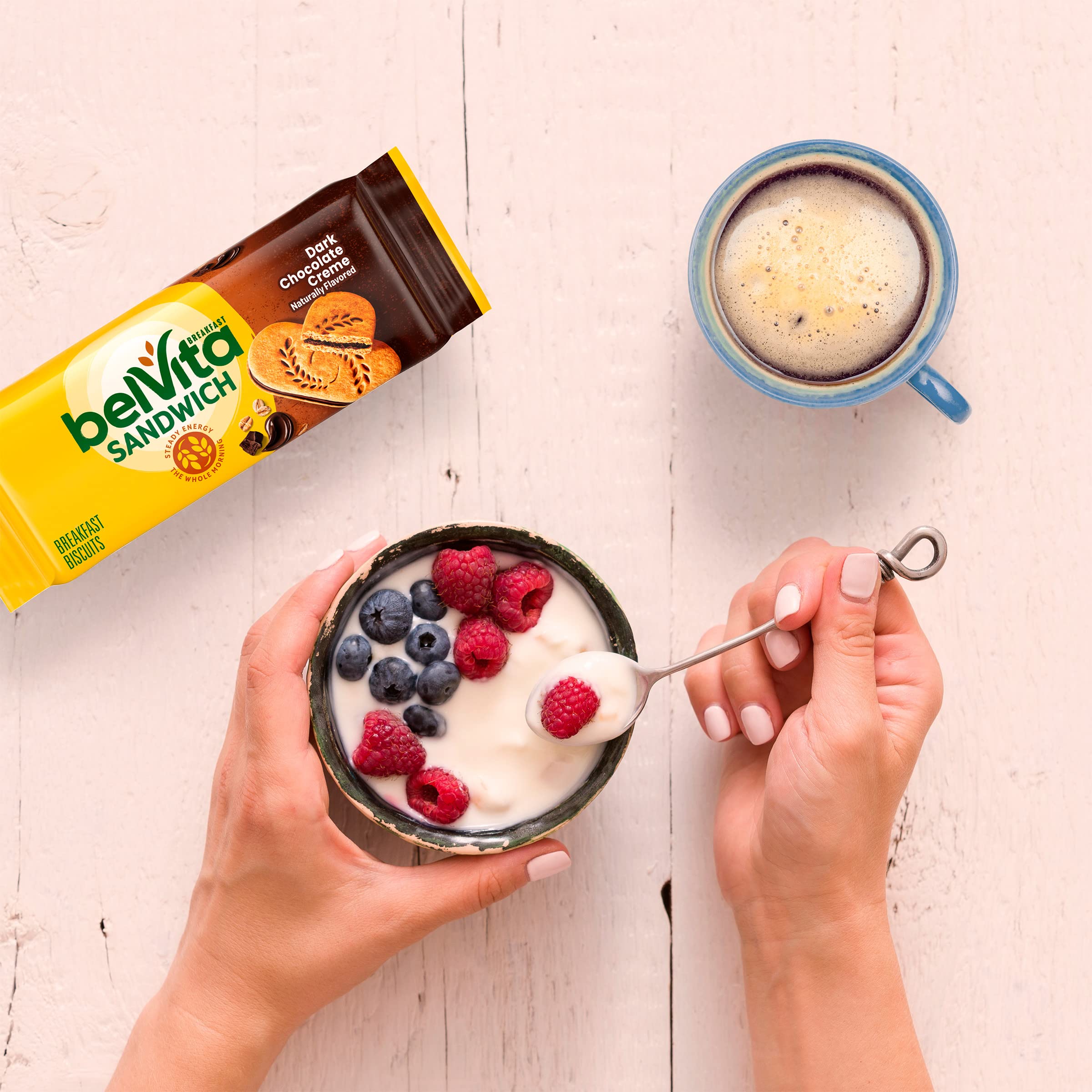 Belvita with yogurt and fruit for a balanced, quick breakfast.
