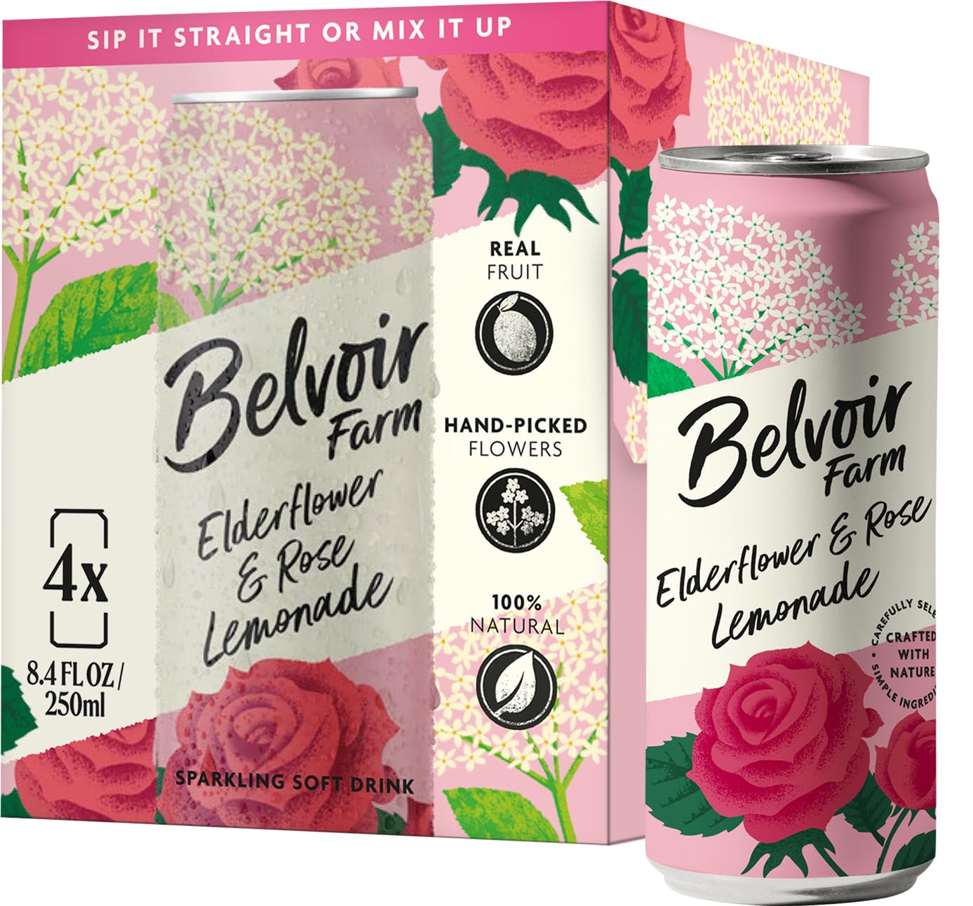 Belvoir Farm Elderflower & Rose Sparkling Lemonade bottle — elegant floral taste for gatherings.