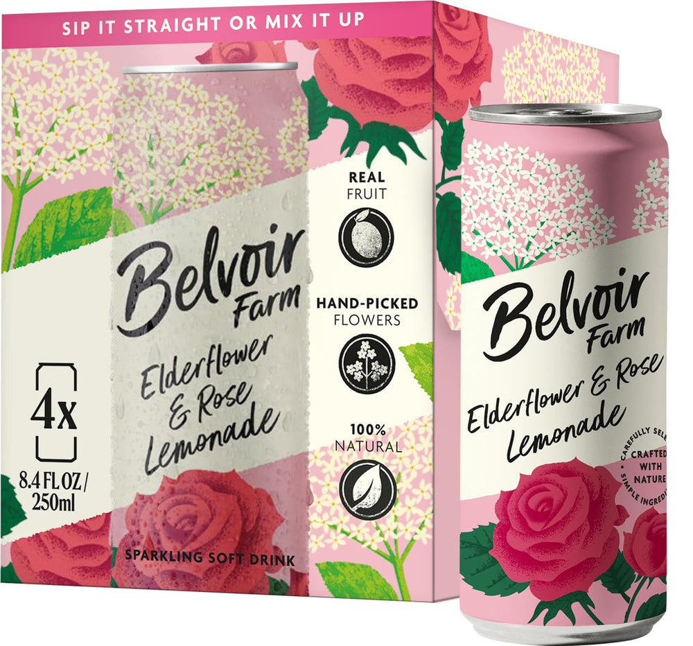 Belvoir Farm Elderflower & Rose Sparkling Lemonade bottle — elegant floral taste for gatherings.