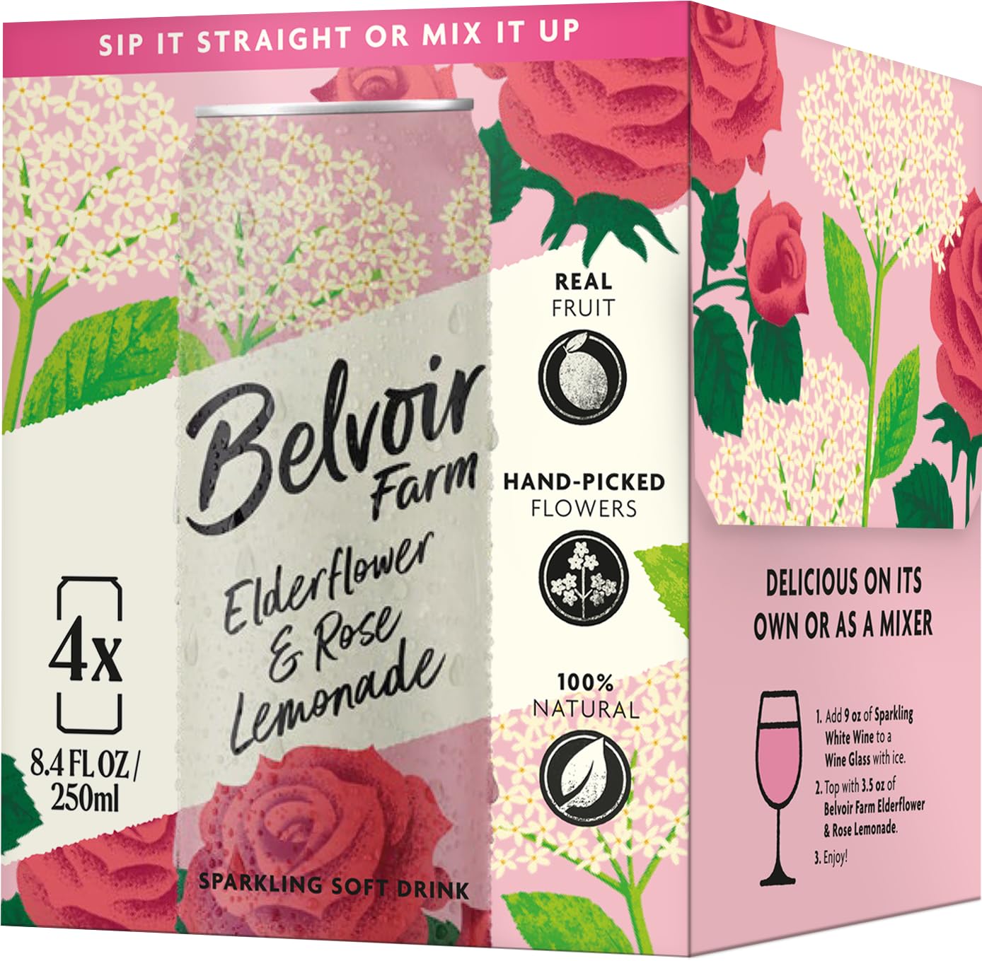Belvoir Farm Elderflower & Rose Sparkling Lemonade can — refreshing on-the-go treat.