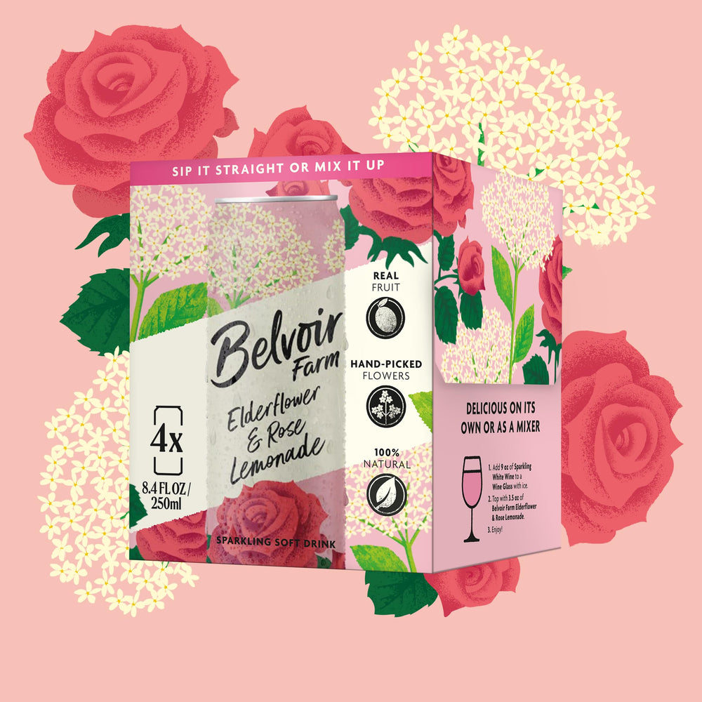 Belvoir Farm Elderflower & Rose Sparkling Lemonade glass with ice — perfect serve and chill.