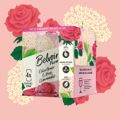 Belvoir Farm Elderflower & Rose Sparkling Lemonade glass with ice — perfect serve and chill.