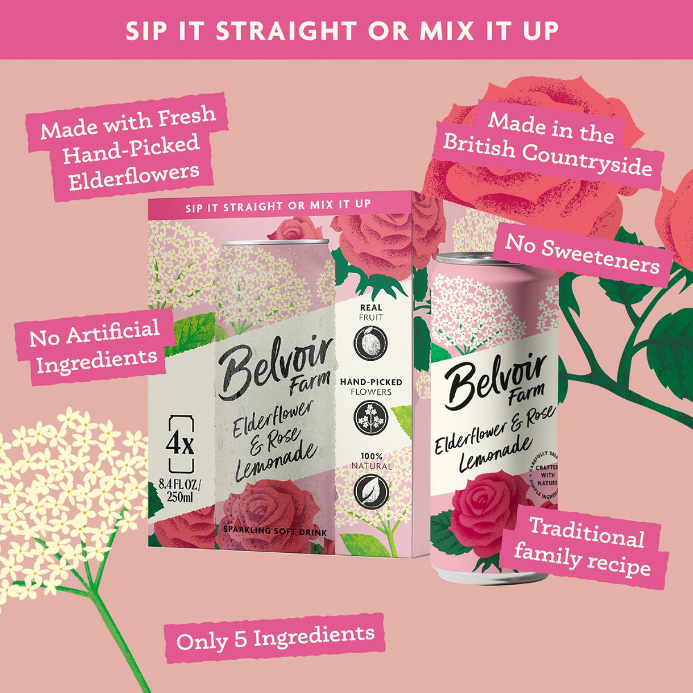 Belvoir Farm Elderflower & Rose Sparkling Lemonade ingredients — natural components for clean flavor.