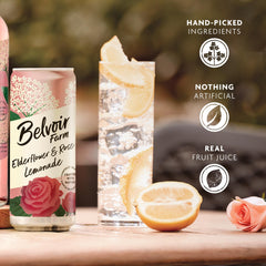 Belvoir Farm Elderflower & Rose Sparkling Lemonade label — premium UK-made beverage.