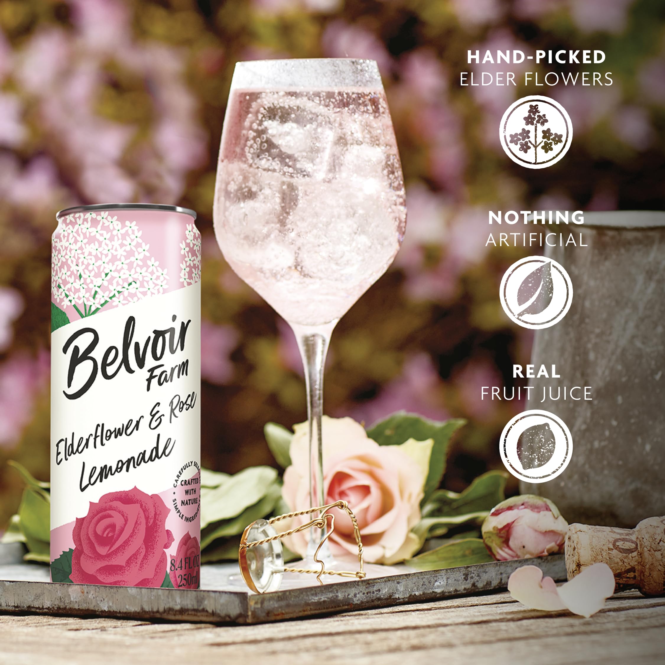 Belvoir Farm Elderflower & Rose Sparkling Lemonade mocktail glass — great mixer for cocktails.