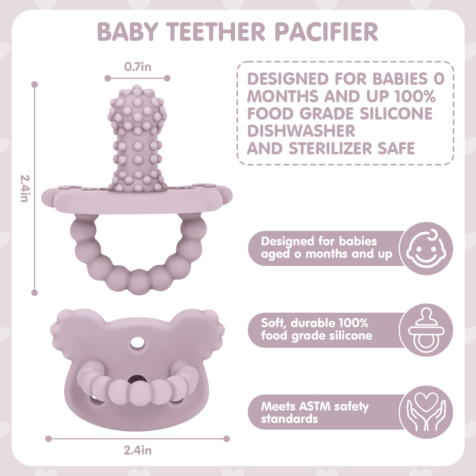 BEMEI silicone teether pacifier in grey, ergonomic grip for toddlers.