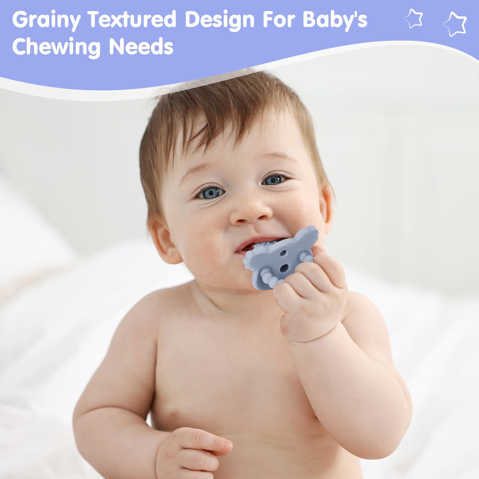 BEMEI silicone teether pacifier in yellow, supports gentle gum massage.