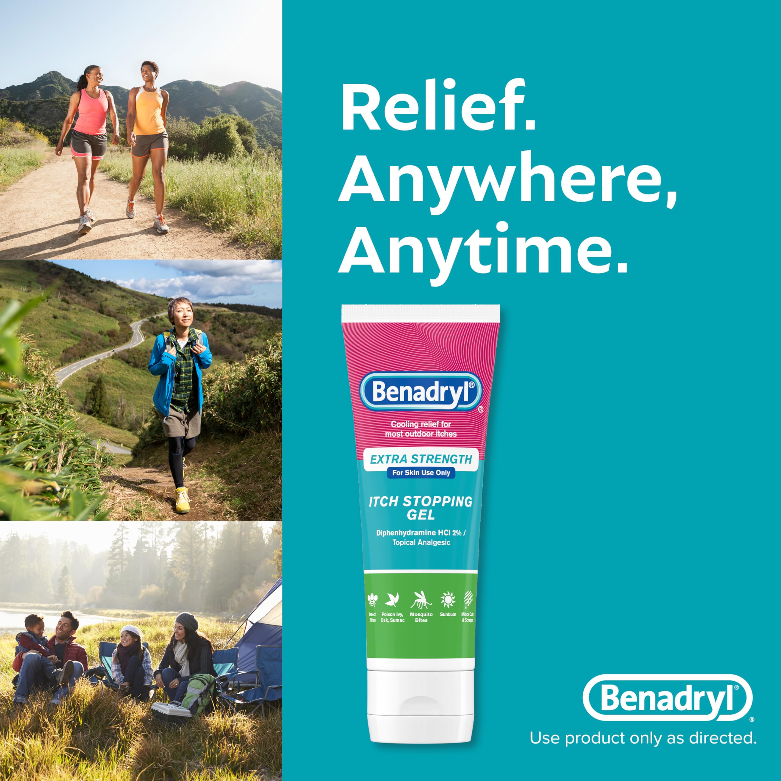 Benadryl diphenhydramine-based formula as topical analgesic ingredient.