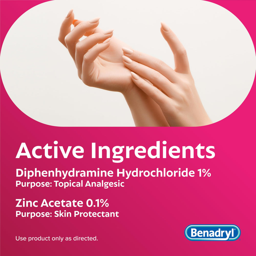 Close-up of Benadryl tube showing formula for itch relief