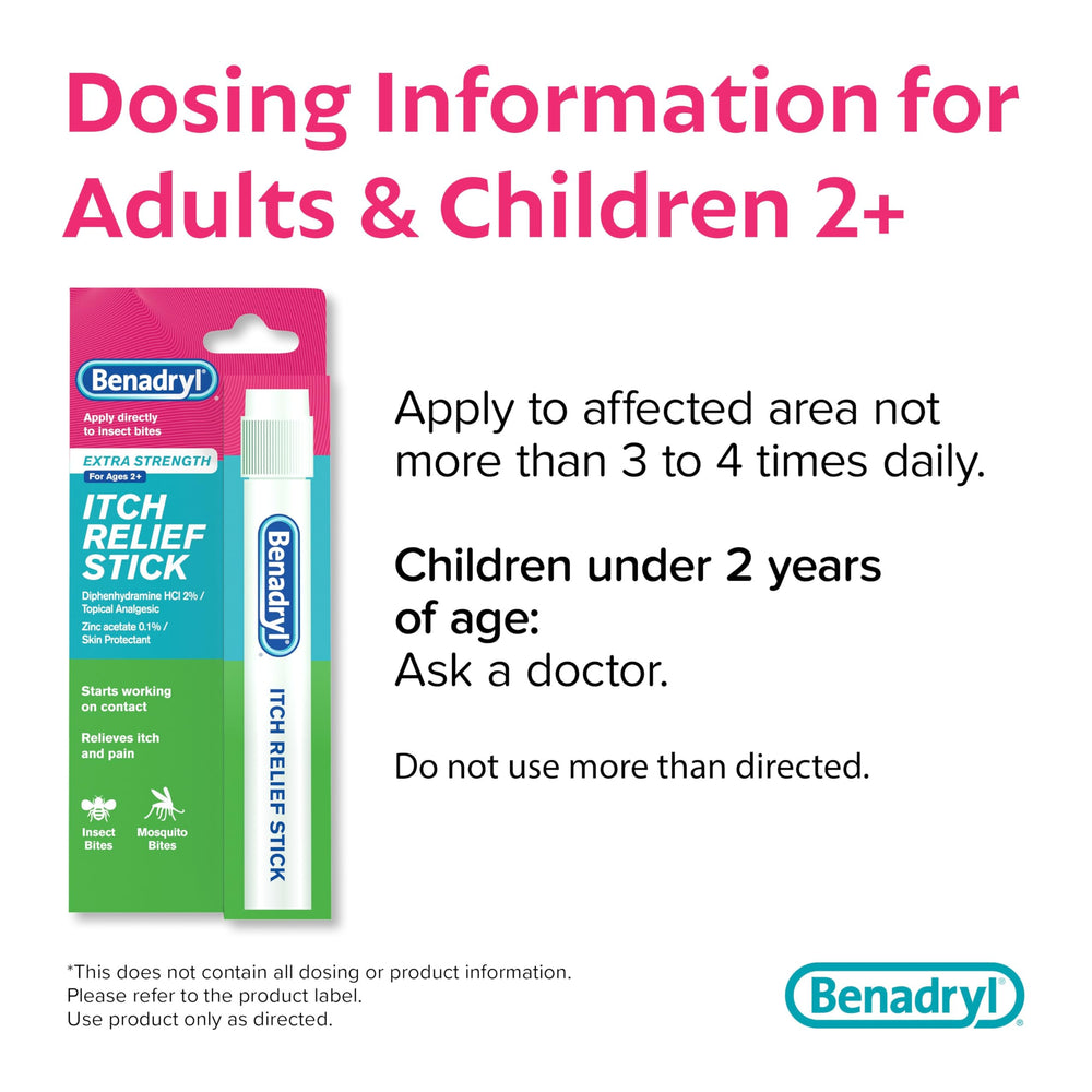 Benadryl anti-itch stick contains 2 percent diphenhydramine HCl for fast relief.