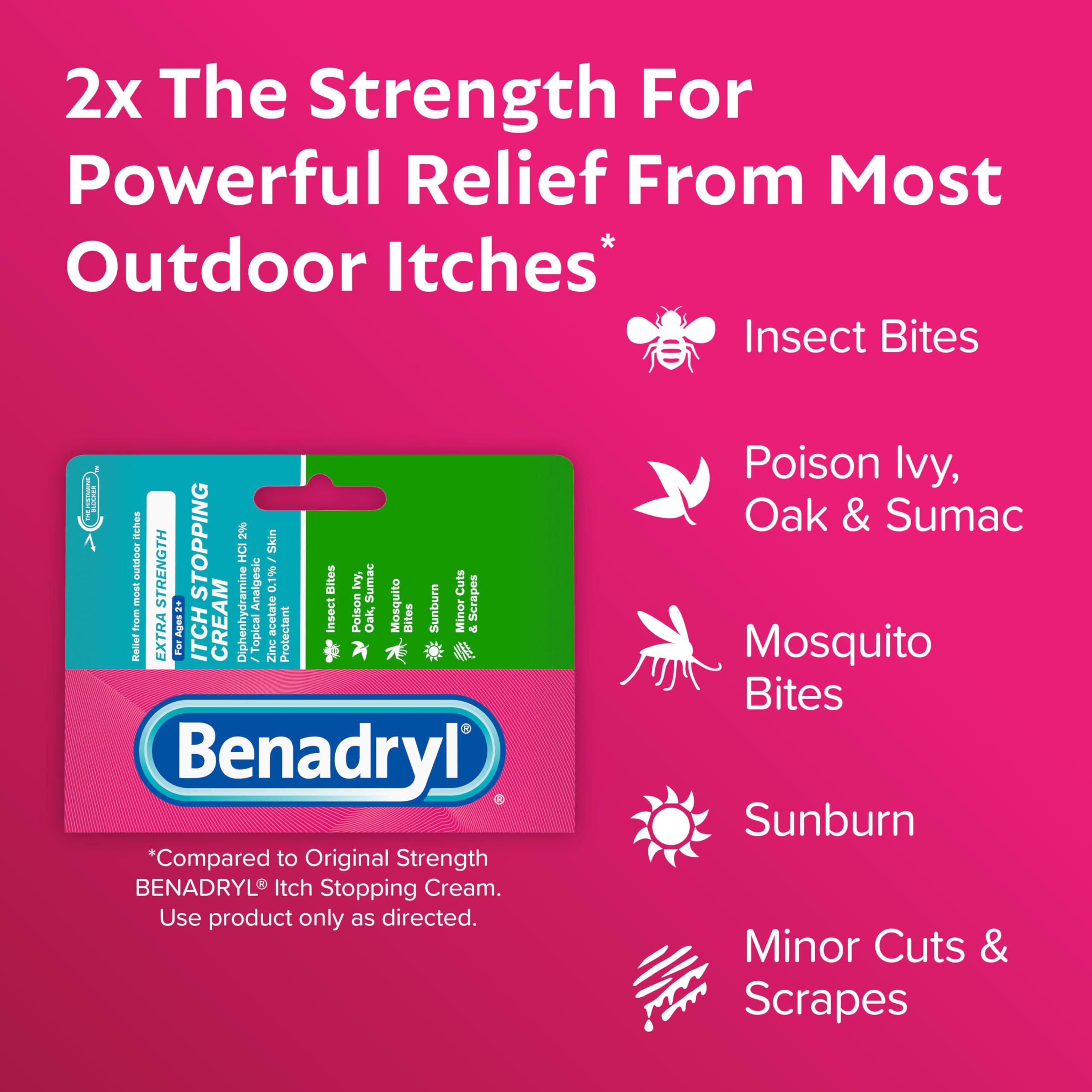 Benadryl extra-strength anti-itch cream 1oz tube close-up label showing 2% diphenhydramine.