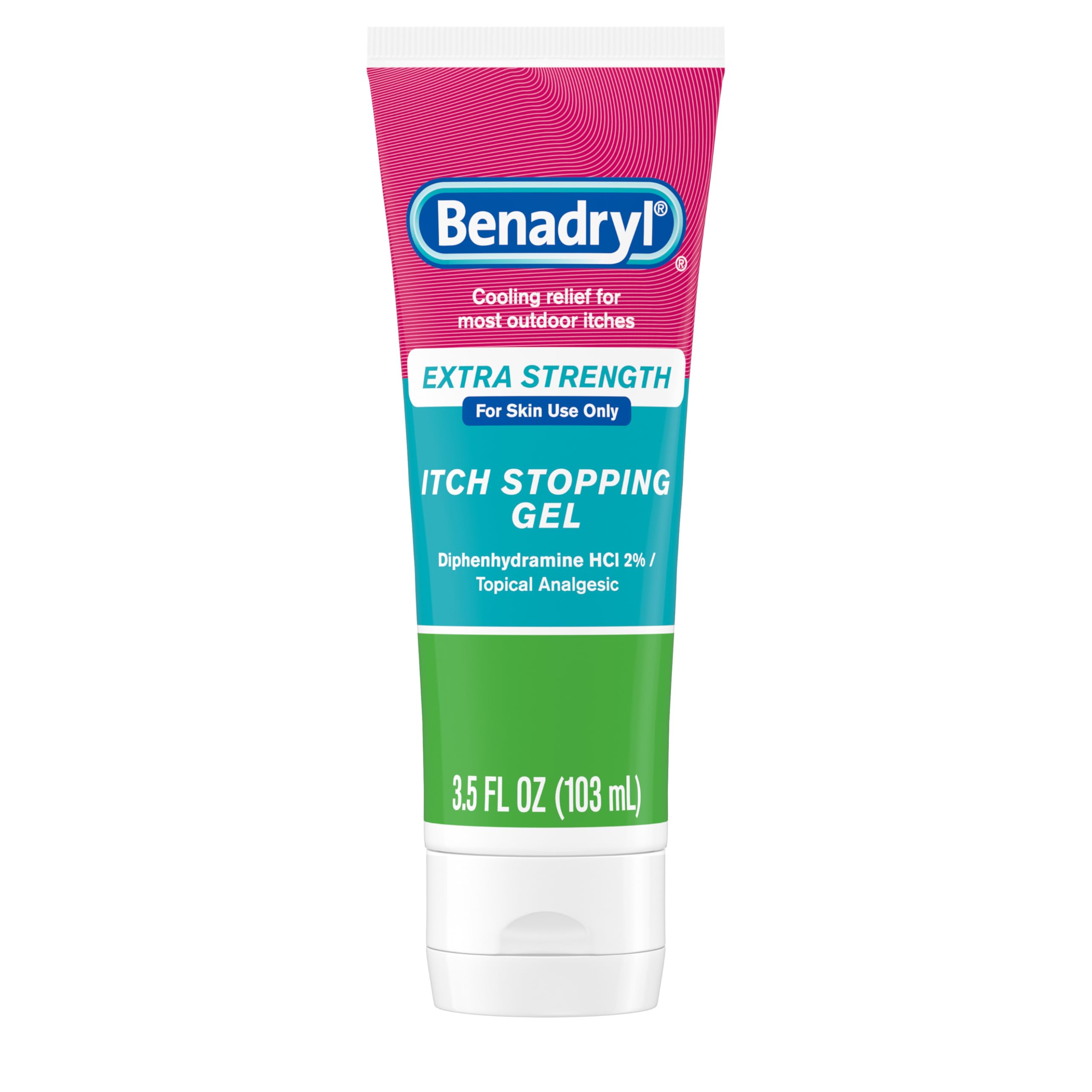 Benadryl Extra-Strength Gel tube close-up for fast itch relief.
