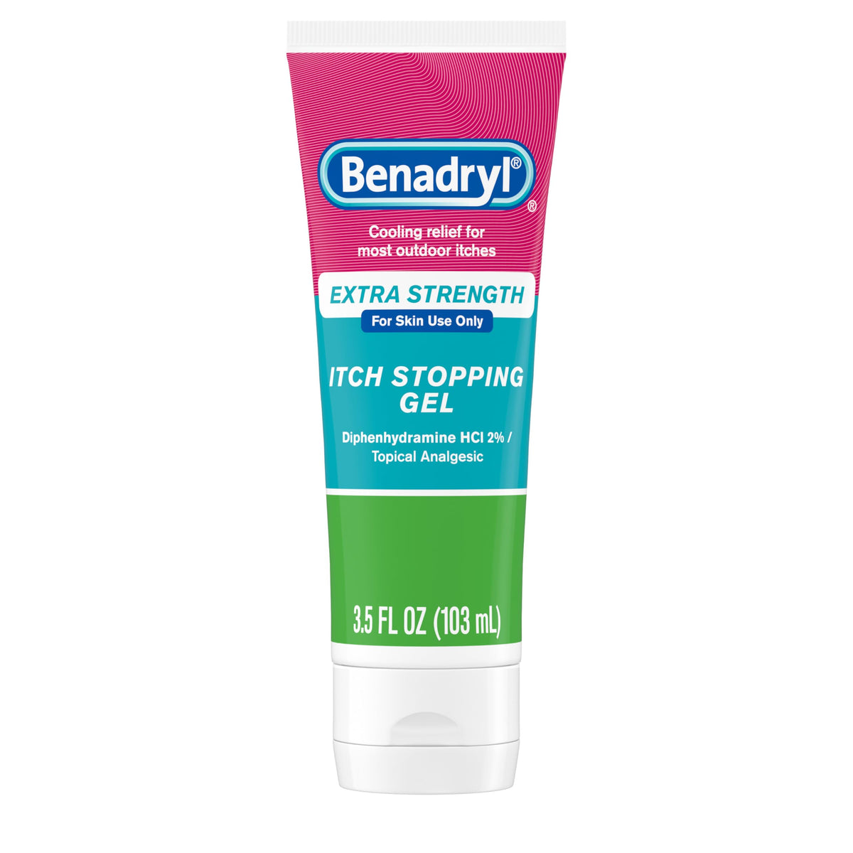 Benadryl Extra-Strength Gel tube close-up for fast itch relief.