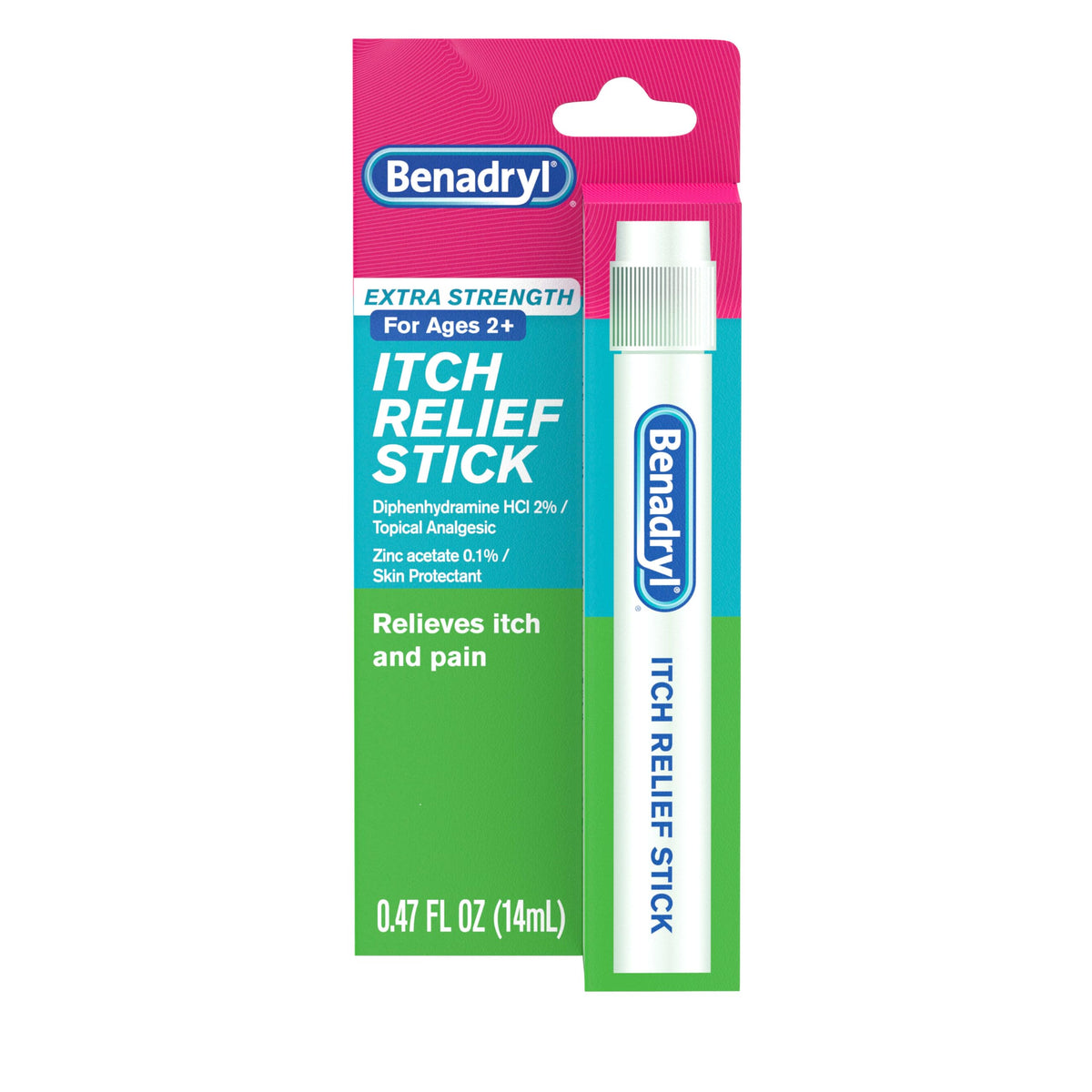 Benadryl extra-strength itch relief stick being applied to skin for quick comfort.