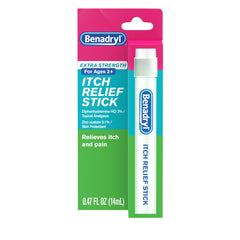 Benadryl extra-strength itch relief stick being applied to skin for quick comfort.