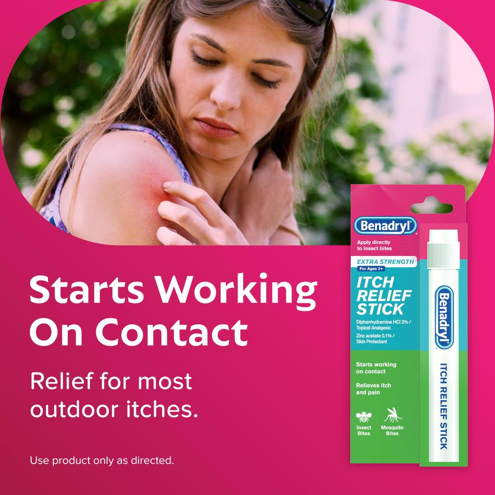 Benadryl extra-strength itch relief stick fits easily in a first aid kit.