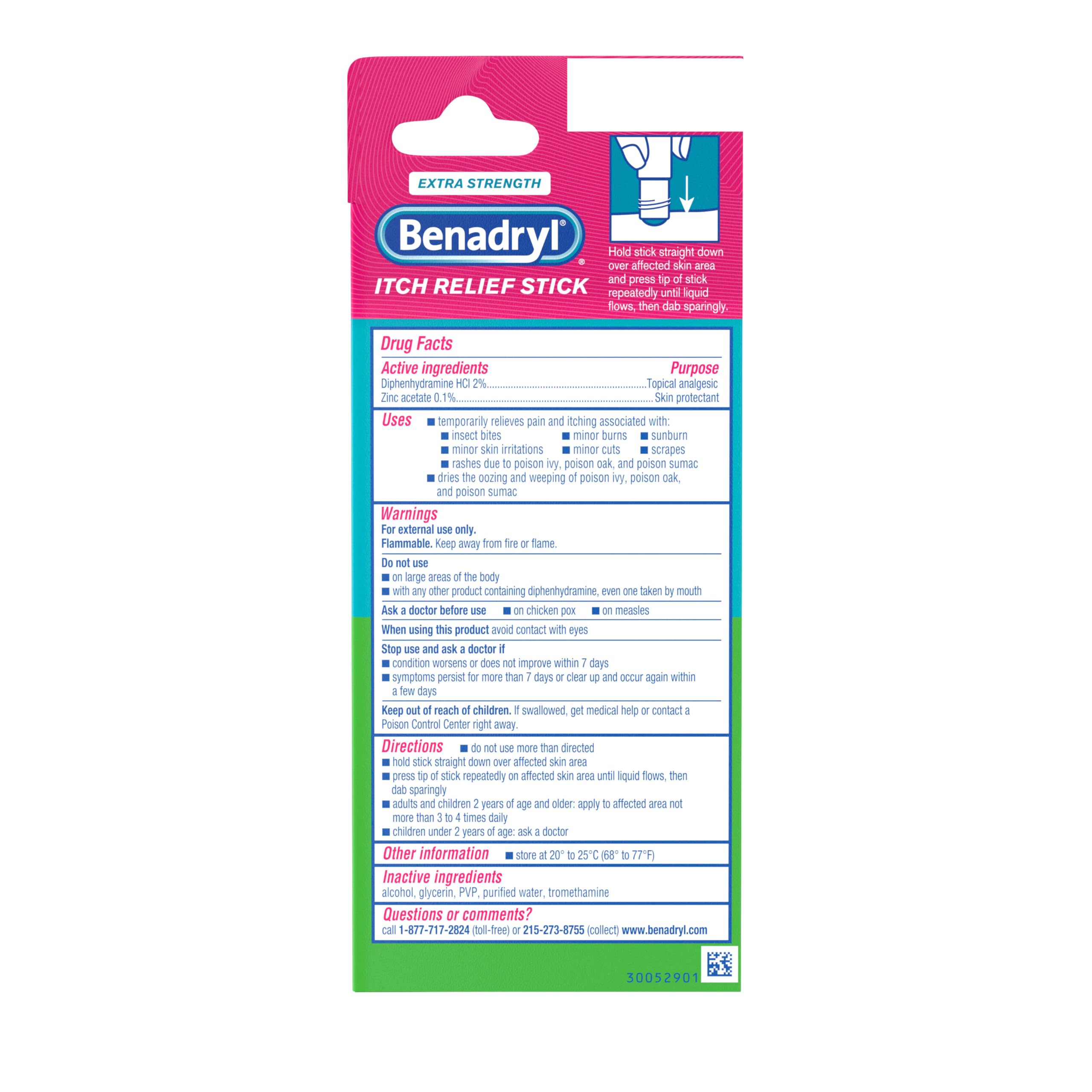 Benadryl itch relief stick packaging shows three-pack travel-friendly size.
