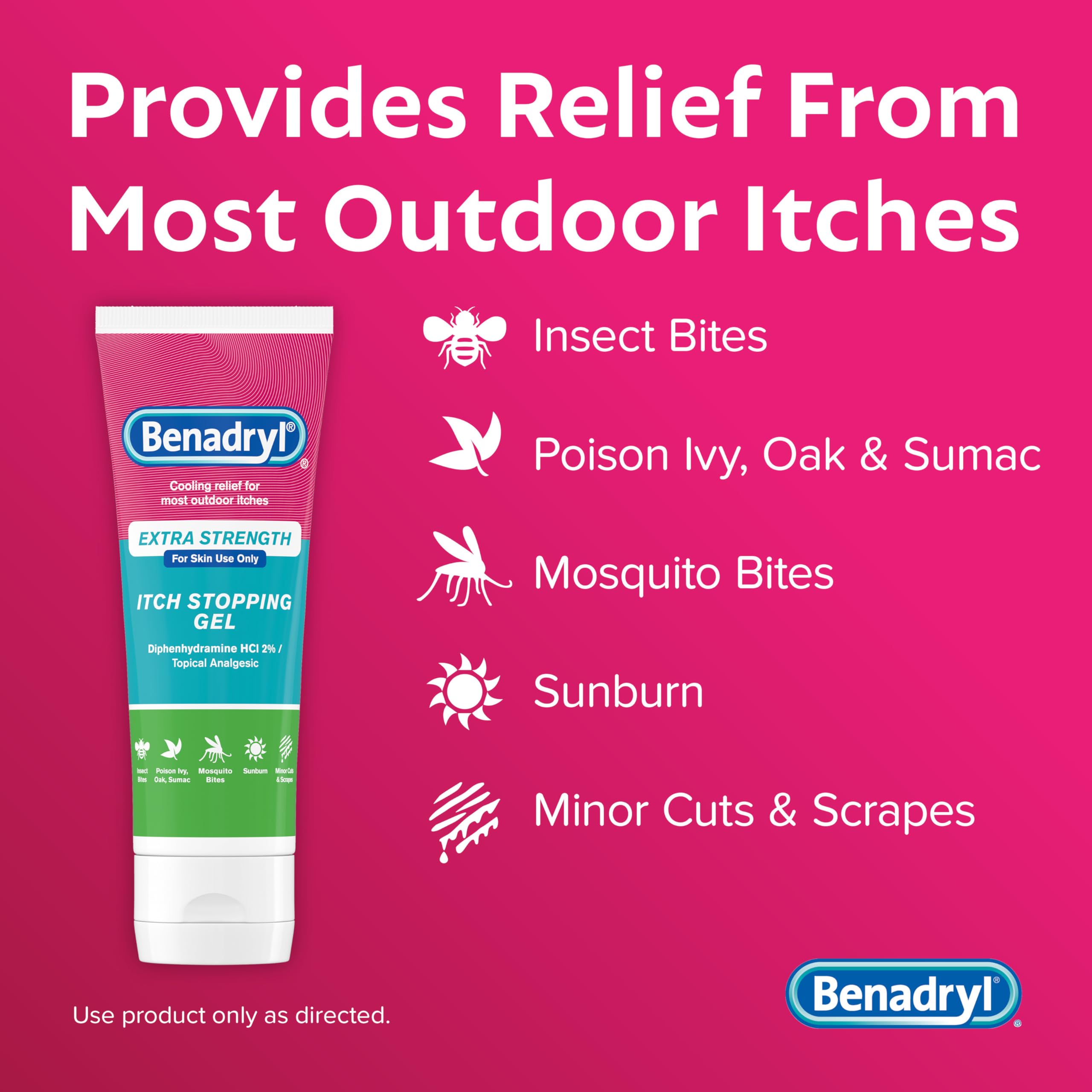 Benadryl gel applied to skin providing cooling anti-itch relief.
