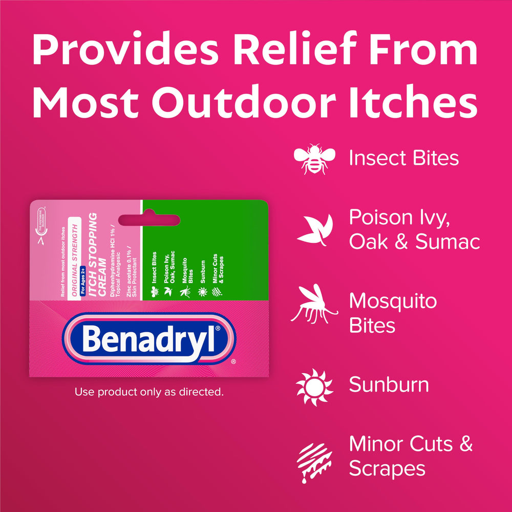 Benadryl cream applied to irritated skin during outdoor activity