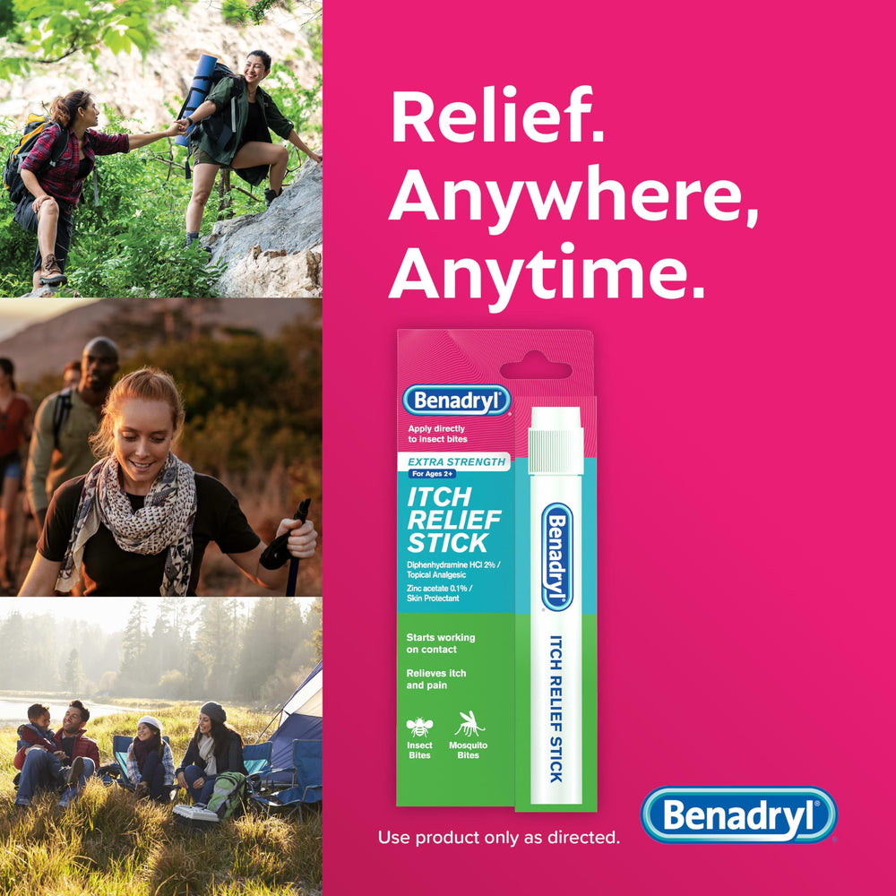 Benadryl stick for bites during outdoor activities provides relief on contact.