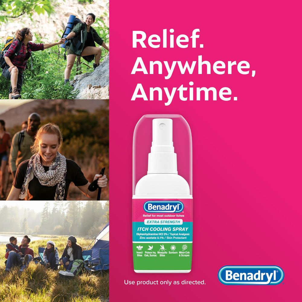 Benadryl spray used in outdoor first aid for minor skin irritations.