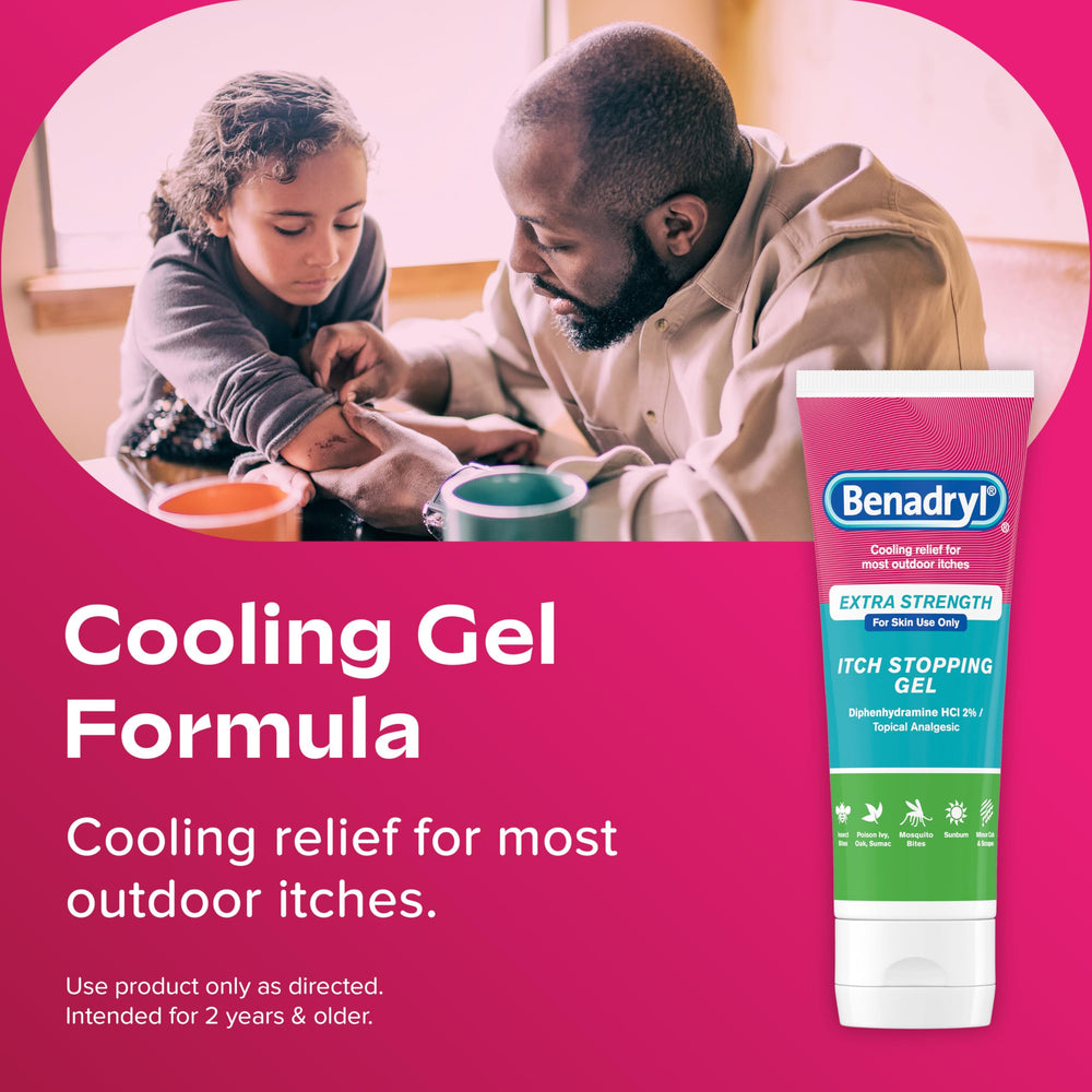 Benadryl gel used for sunburn relief during outdoor activities.
