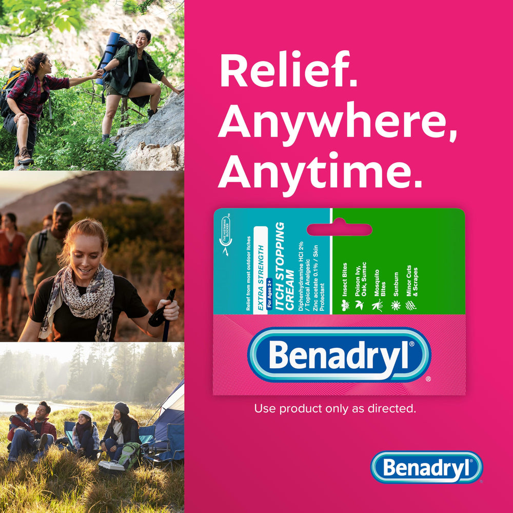 Benadryl travel-size tube is convenient for outdoor activities.