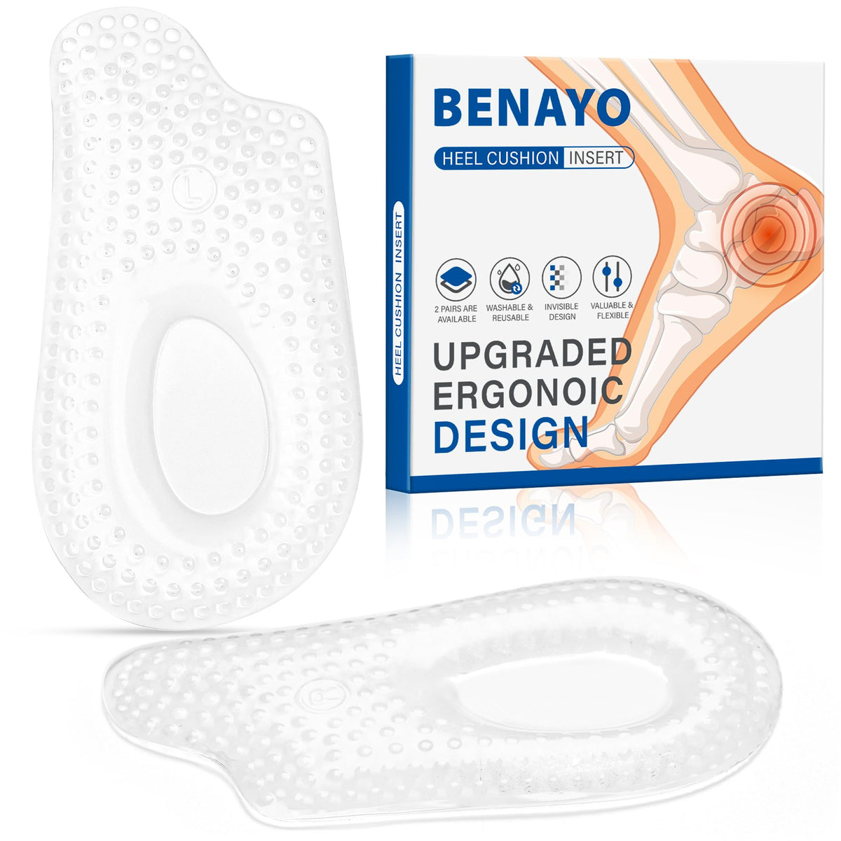 BENAYO plantar fasciitis heel cups pack provides all-day comfort and support during activities.