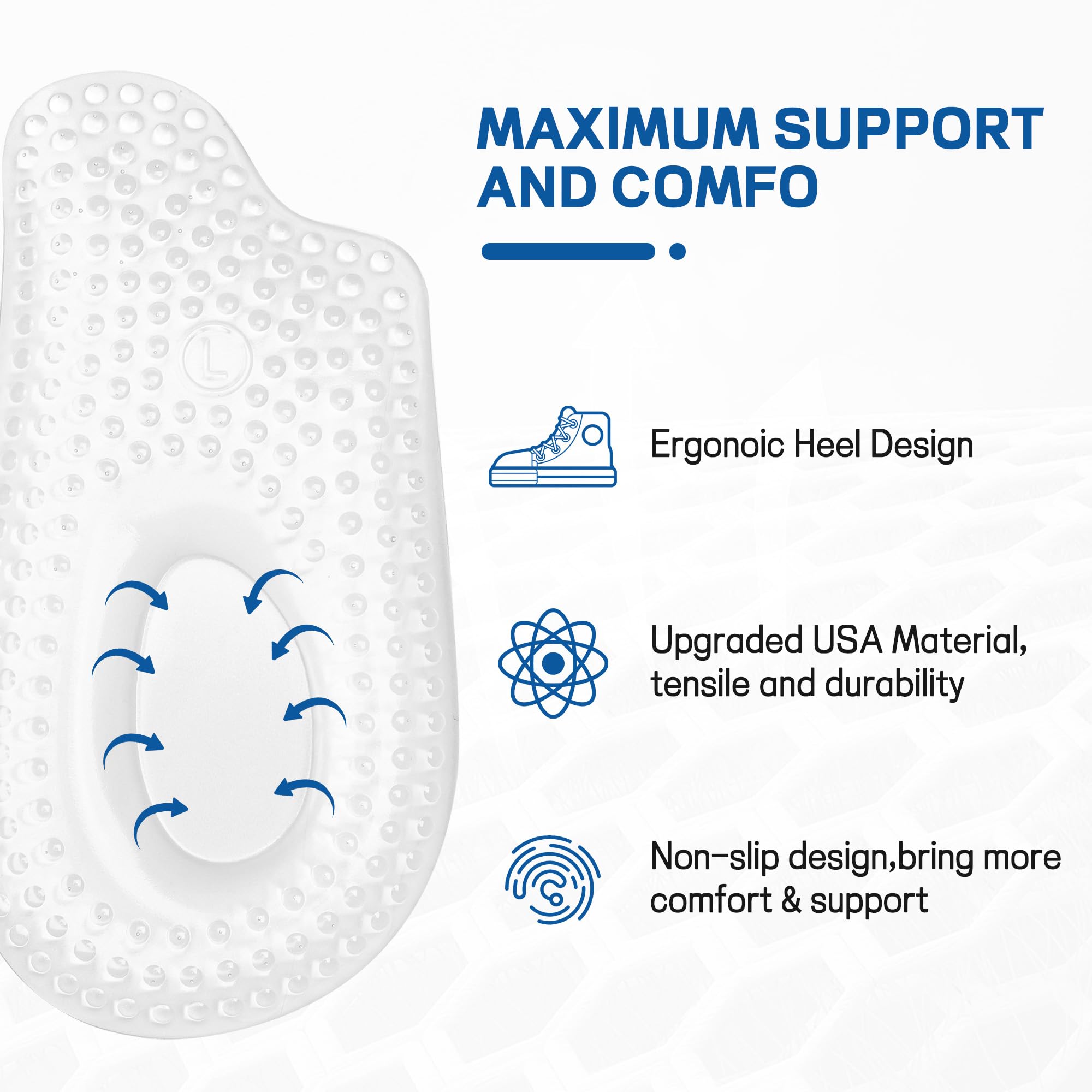 BENAYO gel heel cushion supports natural foot curves for daily relief.
