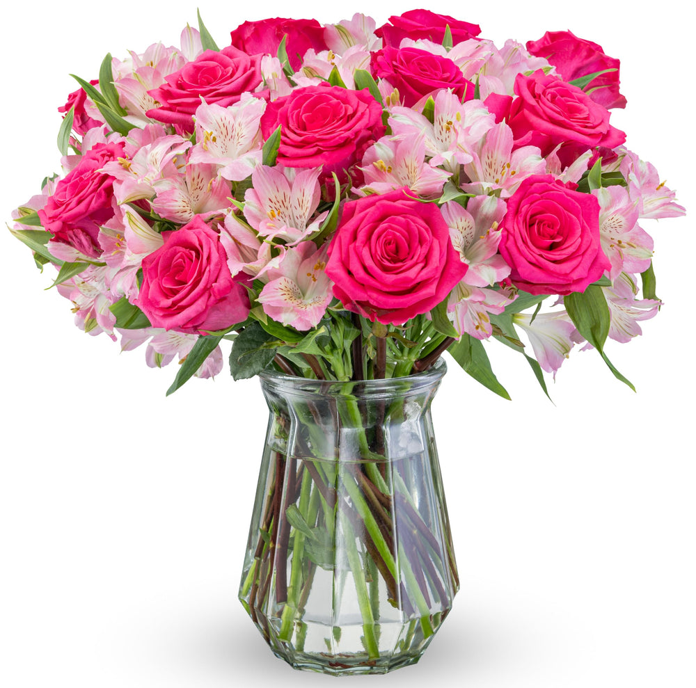 Benchmark Bouquets charming roses and pink alstroemeria in a glass vase, perfect for gifting.