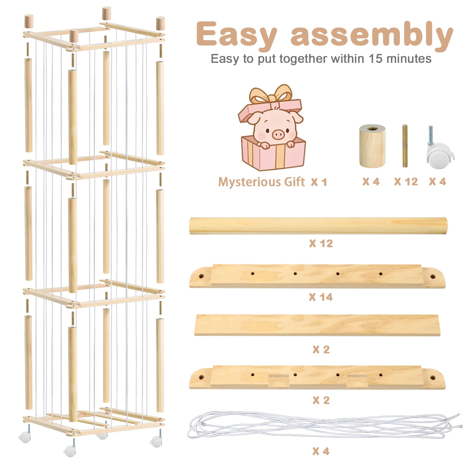 BENCHRY stuffed animal zoo storage with 360-degree wheels enables easy room rearrangement.