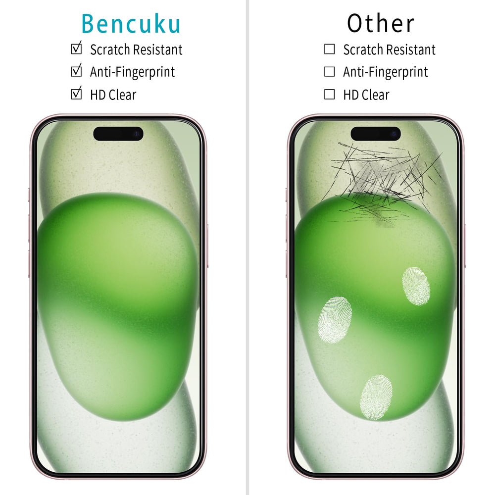 Bencuku tempered glass applied on iPhone 15 Plus demonstrates edge-to-edge coverage.