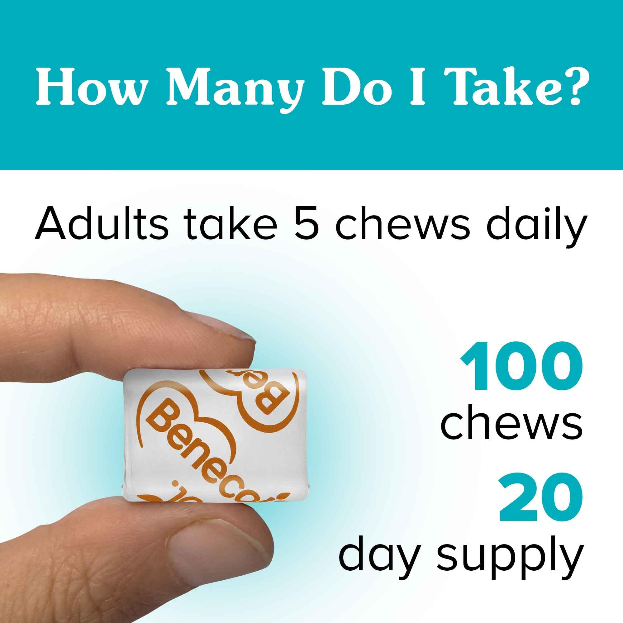 Benecol Soft Chews daily serving showing the 2 g plant stanols per portion.