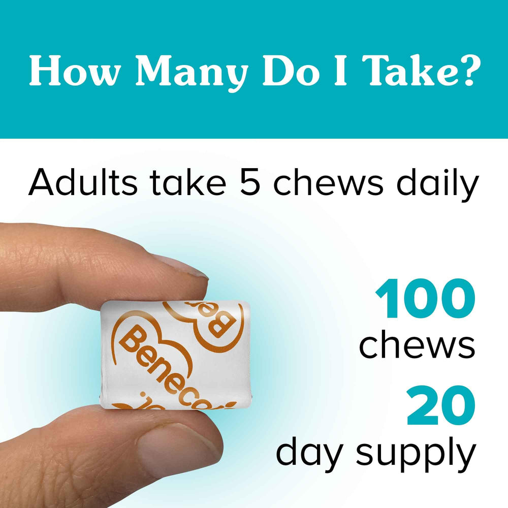 Benecol Soft Chews daily serving showing the 2 g plant stanols per portion.