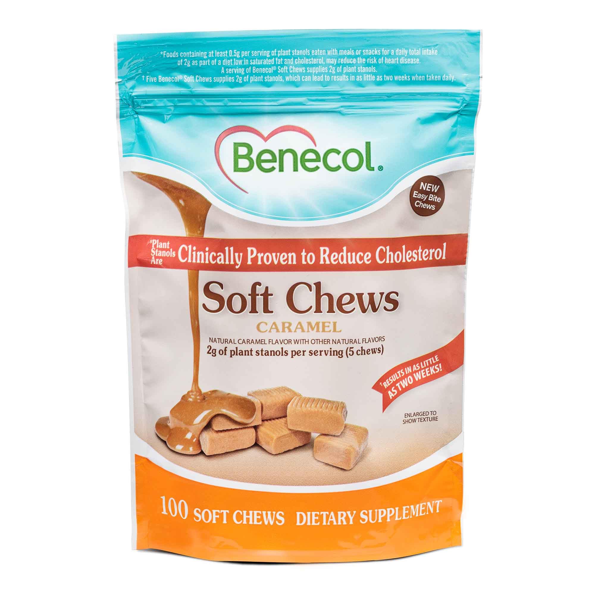 Benecol Soft Chews caramel pack ready for daily use, a tasty, convenient option.