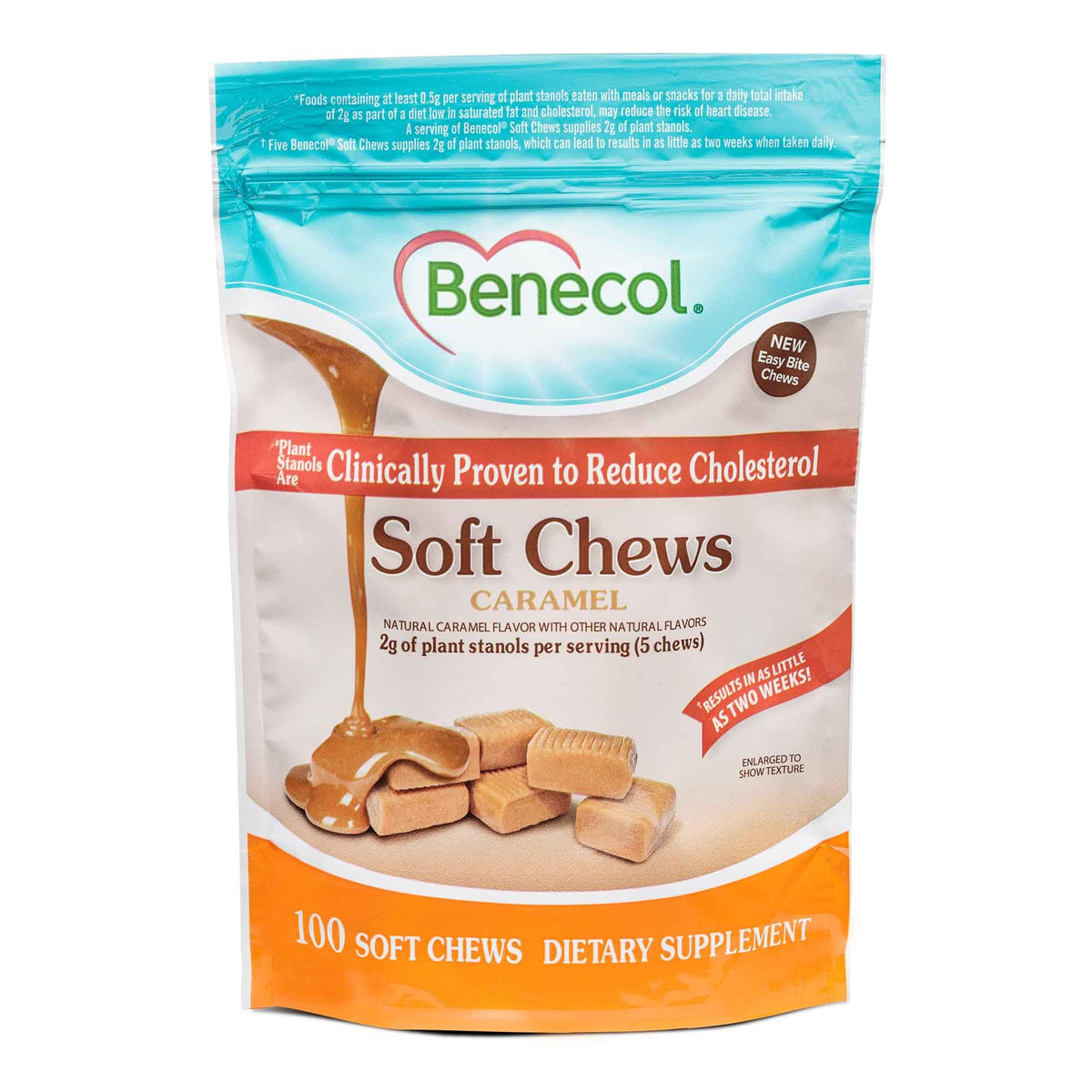 Benecol Soft Chews caramel pack ready for daily use, a tasty, convenient option.