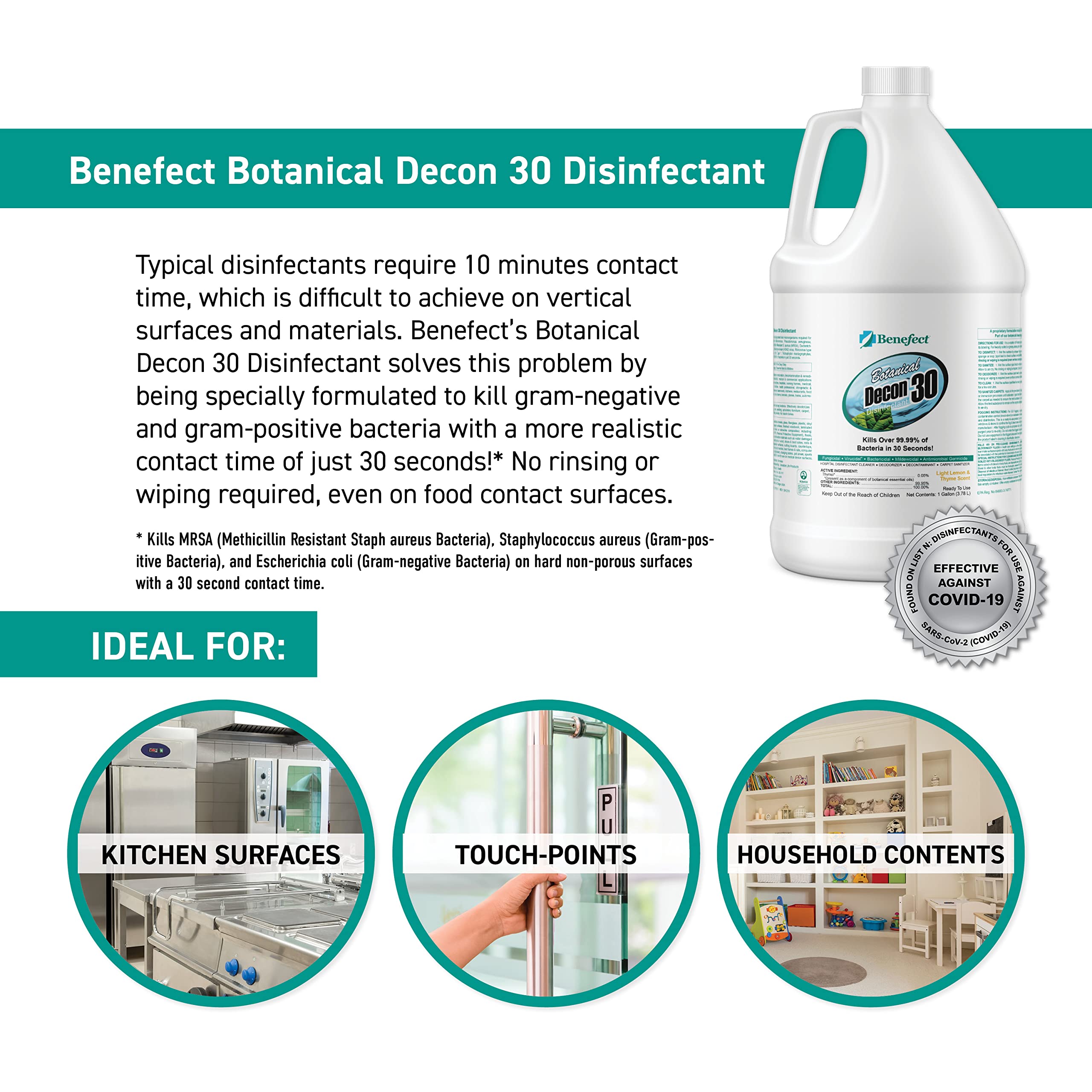 Benefect Decon 30 being used on a kitchen surface for food-safe cleaning