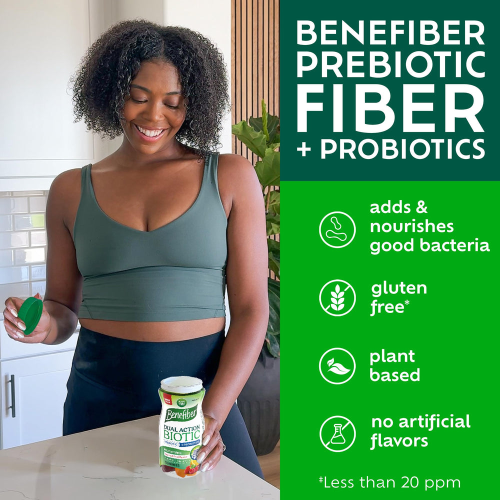 Benefiber 50-count bottle label with dosage and flavor variety.
