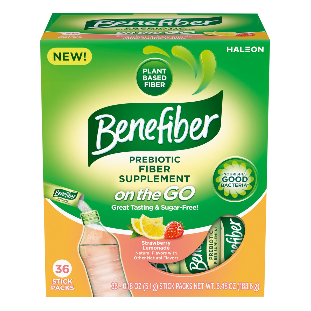 Benefiber balance bottle pour shows easy daily fiber for digestion support.